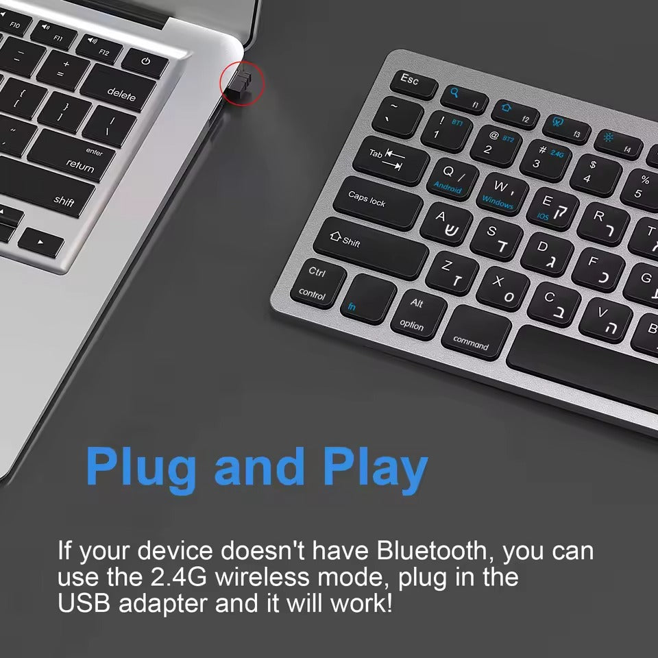 Ultra Slim Hebrew Bluetooth & 2.4G Dual Mode Keyboard. Wireless Keyboard Low noise for iOS iPad Android Tablets Windows